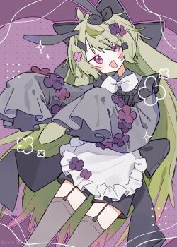 1girl :d ahoge animal_ears apron artist_name back_bow black_bow black_flower black_shorts blush bow bowtie colored_tips cowboy_shot dot_nose dutch_angle flower frilled_apron frills garter_straps gradient_hair green_hair grey_shirt grey_thighhighs hair_between_eyes hair_bow hair_flower hair_ornament hands_up head_tilt highres huge_bow jitome komerina leaning leaning_to_the_side long_hair long_sleeves looking_at_viewer maid maid_apron messy_hair multicolored_hair no_pupils open_mouth original parted_bangs pink_eyes pink_flower pink_hair puffy_long_sleeves puffy_sleeves purple_background purple_flower raised_eyebrows sea_slug_ears sea_slug_girl shirt short_shorts shorts sidelocks sleeves_past_fingers sleeves_past_wrists smile solo standing star_(symbol) thighhighs unconventional_maid very_long_hair waist_apron white_apron white_bow white_bowtie