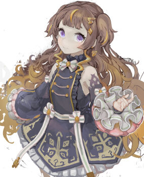 Rule 34 | 1girl, anya melfissa, anya melfissa (1st costume), black dress, black sleeves, blonde streaks, brown hair, closed mouth, commentary request, detached sleeves, dress, hair ornament, highres, hololive, hololive indonesia, long hair, long sleeves, looking at viewer, purple eyes, simple background, smile, solo, uturo, virtual youtuber, white background