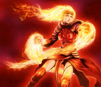 1girl armor breastplate chandra_nalaar female_focus fiery_hair fire goggles goggles_on_head long_hair magic:_the_gathering pauldrons pyrokinesis red_theme shoulder_armor solo standing thighhighs un_(le_monde-alternatif) yellow_eyes