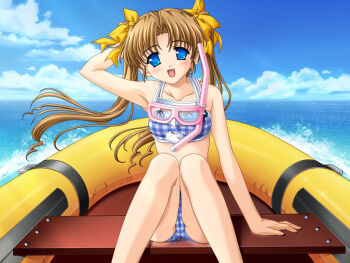 Rule 34 | 00s, 1girl, beach, bikini, blue eyes, blush, boat, brown hair, cloud, day, diving mask, fang, female focus, game cg, goggles, knees together feet apart, lamune, long hair, nakazato hikari, on boat, outdoors, raft, sky, smile, snorkel, solo, swimsuit, twintails, water, watercraft