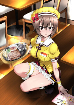 10s 1girl alternate_costume apron bow broccoli brown_eyes brown_hair coco's diner female_focus food frilled_skirt frilled_thigh_strap frills girls_und_panzer hat hat_bow highres looking_at_viewer meat miniskirt nakahira_guy name_tag nishizumi_maho puffy_short_sleeves puffy_sleeves reflection short_hair short_sleeves skirt solo squatting steak steam thigh_strap thighs tray waitress wooden_floor yellow_hat