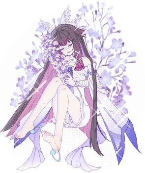 1girl bare_shoulders barefoot black_hair bow closed_eyes colored_inner_hair columbina_(genshin_impact) commentary dress eye_mask flower flower_request full_body genshin_impact hair_ribbon hashtag-only_commentary head_wings highres holding holding_flower liuyun_(liuyun73492) long_hair mask multicolored_hair parted_lips pink_hair ribbon smile soles solo two-tone_hair very_long_hair white_background white_bow white_dress white_ribbon white_wings wings wrist_bow