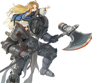 Rule 34 | 1boy, 1girl, alternate universe, armor, armored boots, belt, belt pouch, blonde hair, blue capelet, blue eyes, boots, bracelet, brown belt, capelet, carrying, commentary, couter, cross, diana (pragmata), dpin (user adhr8855), dress, english commentary, fighting stance, floating hair, full armor, gauntlets, halberd, helmet, holding, holding polearm, holding weapon, hugh williams, jewelry, knight, long hair, open hand, open mouth, outstretched arm, pauldrons, piggyback, plate armor, polearm, pouch, pragmata, shoulder armor, simple background, standing, very long hair, weapon, white background, white dress
