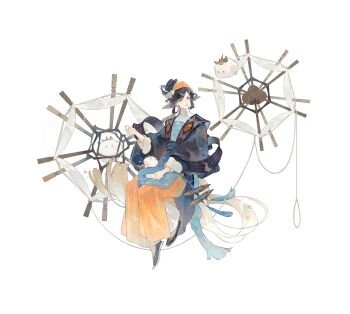 1girl absurdres black_hair blue_shoes chinese_clothes chinese_commentary closed_mouth commentary_request feixuxu grey_eyes hair_bun hair_tubes hanfu highres holding holding_string huang_daopo long_sleeves shoes simple_background smile solo string wang_chuan_feng_hua_lu white_background