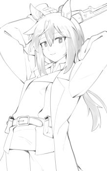 1girl absurdres animal_ears arms_up coat collared_shirt colt_1851_navy commentary_request cosplay cowboy_shot ear_covers greyscale grin gun handgun highres holding holding_gun holding_weapon horse_ears horse_girl kino_(kino_no_tabi) kino_(kino_no_tabi)_(cosplay) kino_no_tabi kokuya_(kokuya28) long_hair long_sleeves looking_at_viewer low_ponytail monochrome overcoat pants ponytail revolver shirt simple_background smile solo stay_gold_(umamusume) umamusume weapon