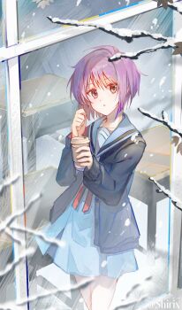 1girl absurdres artist_name black_cardigan blue_sailor_collar blue_skirt branch brown_hair cardigan classroom commentary cowboy_shot cup desk disposable_coffee_cup disposable_cup from_outside hand_up highres holding holding_cup kita_high_school_uniform long_sleeves looking_at_viewer looking_outside nagato_yuki open_cardigan open_clothes parted_lips purple_hair sailor_collar school_desk school_uniform serafuku shirix short_hair skirt snow snowing solo suzumiya_haruhi_no_yuuutsu symbol-only_commentary window winter winter_uniform