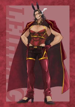 1boy absurdres ajajasta animal_ears black_shoes black_shorts cigar coat coat_on_shoulders dark-skinned_male dark_skin full_body gloves gold_trim grin high_heels highres lei_heng_(project_moon) limbus_company male_focus multicolored_hair muscular muscular_male pants playboy_bunny project_moon rabbit_ears red_coat red_gloves red_pants shoes shorts smile smoke smoking solo streaked_hair