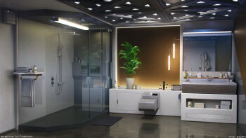 3d bathroom glass highres indoors no_humans original plant potted_plant scenery sidelighting sitai_xiii towel watermark