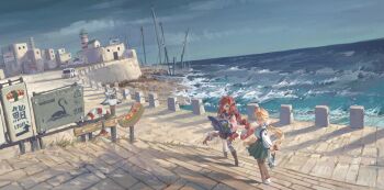 2girls alice_thymefield bag bangboo_(zenless_zone_zero) blonde_hair blue_sky boat book braid brown_pantyhose building ceco_haizaio chain chinese_commentary commentary_request fish food green_skirt highres holding holding_book lifebuoy lighthouse low_twin_braids low_twintails multiple_girls ocean open_book outdoors pantyhose plastic_bag pleated_skirt red_hair seaside sign skirt sky stairs striped_clothes striped_thighhighs sushi swim_ring thighhighs twin_braids twintails ukinami_yuzuha watercraft waves yellow_eyes zenless_zone_zero