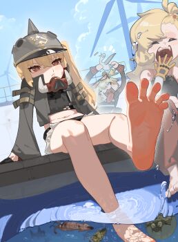 3girls :3 arm_support arms_at_sides arms_up bare_shoulders barefoot beige_shorts bird black_helmet black_jacket black_shirt black_tank_top blonde_hair bubble burnice_white chibi closed_eyes cloud combat_helmet crazy crop_top day dock eyewear_on_head fangs feet feet_in_water female_focus fish foot_focus gloves hand_to_own_mouth helmet highres holding_animal holding_bird jacket jitome light_blush long_hair long_sleeves looking_at_viewer luciana_de_montefio multiple_girls navel open_clothes open_jacket open_mouth orange-tinted_eyewear outdoors pickelhaube piper_wheel ponytail pout puffer_fish railing red_eyes running shark shirt shore short_ponytail short_shorts shorts shrimp side_ponytail sitting sky soles spaghetti_strap squid standing sunglasses sunglasses_on_head tank_top teeth tinted_eyewear toes tongue tongue_out unworn_eyewear upper_teeth_only v.a._(vanilla) water water_drop wet wind_turbine windmill yawning yellow_gloves zenless_zone_zero