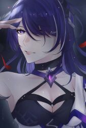 Rule 34 | 1girl, acheron (honkai: star rail), armpits, black gloves, breasts, cleavage, coat, commentary, criss-cross halter, diamond-shaped pupils, diamond (shape), enu eak, eyes visible through hair, eyeshadow, gloves, hair between eyes, hair ornament, hair over one eye, halterneck, highres, honkai: star rail, honkai (series), large breasts, long hair, looking to the side, makeup, multicolored hair, parted lips, purple eyes, purple hair, red eyeshadow, red petals, single bare shoulder, solo, streaked hair, symbol-only commentary, symbol-shaped pupils, upper body, white coat