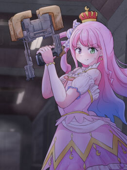 1girl akarhysm bare_shoulders commentary_request crescent crescent_earrings crown dead_space_(series) detached_sleeves dot_nose dress earrings from_side green_eyes hair_ornament heterochromia highres himemori_luna himemori_luna_(1st_costume) holding hololive indoors jewelry juliet_sleeves long_hair long_sleeves looking_at_viewer multicolored_hair pink_dress pink_hair plasma_cutter puffy_sleeves purple_eyes smile solo virtual_youtuber