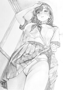 1girl absurdres arm_up blush breast_pocket breasts cameltoe closed_mouth clothes_lift commentary_request cowboy_shot crop_top crop_top_overhang crotch_seam from_below graphite_(medium) greyscale hand_on_own_forehead highres indoors large_breasts lensia lifting_own_clothes looking_at_viewer looking_down medium_hair monochrome neckerchief original panties parted_bangs pleated_skirt pocket raised_inner_eyebrows school_uniform serafuku short_sleeves skirt skirt_lift solo standing traditional_media underwear window