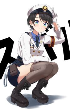 1girl absurdres aqua_eyes arm_up armband belt belt_pouch black_belt black_hair black_necktie black_skirt blue_shirt boots bow brown_boots brown_thighhighs buttons character_name chest_harness closed_mouth collared_shirt commentary_request cropped_jacket cuffs double-breasted footwear_bow full_body gloves gold_buttons handcuffs harness hat high-waist_skirt highres hololive jacket lapel_pin lapels light_blush looking_at_viewer miniskirt necktie notched_lapels official_alternate_costume oozora_subaru oozora_subaru_(police) peaked_cap pencil_skirt platform_boots platform_footwear police police_hat police_uniform policewoman pouch shirt short_hair side_slit simple_background skirt smile solo squatting swept_bangs text_background thighhighs virtual_youtuber white_background white_gloves white_hat white_jacket zote_illust