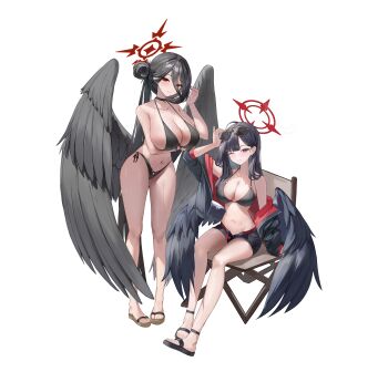 2girls ;) absurdres adjusting_eyewear arm_under_breasts bikini black_bikini black_choker black_eyes black_hair black_shorts black_wings blue_archive breasts chair choker commentary_request halo hasumi_(blue_archive) hasumi_(swimsuit)_(blue_archive) highres ichika_(blue_archive) ichika_(swimsuit)_(blue_archive) korean_commentary large_breasts legs long_hair multiple_girls navel official_alternate_costume on_chair one_eye_closed partially_unbuttoned red_eyes red_halo sandals short_shorts shorts sitting smile stomach sunglasses swimsuit thighs toes transparent_background very_long_hair wakum wings