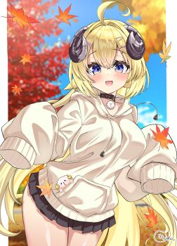 1girl absurdres ahoge alternate_costume animal_ears autumn autumn_leaves black_skirt blonde_hair blush border hair_ornament hairpin highres hololive hood hoodie horns inokeiwd leaf long_hair looking_at_viewer outdoors purple_eyes sheep_ears sheep_girl sheep_horns skirt sleeves_past_fingers sleeves_past_wrists solo tsunomaki_watame very_long_hair virtual_youtuber white_border white_hoodie x_hair_ornament