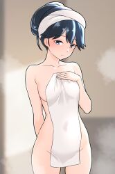Rule 34 | 1girl, after bathing, black hair, blue eyes, blurry, blurry background, blush, breasts, closed mouth, collarbone, commentary request, covering privates, cowboy shot, furaggu (frag 0416), hand on own chest, highres, holding, holding towel, houshou (kancolle), kantai collection, long hair, looking at viewer, medium breasts, nude cover, solo, standing, steam, towel, towel on head