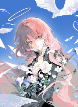 1girl absurdres arknights bird black_jacket bouquet chinese_commentary closed_mouth commentary_request detached_wings flower halo highres holding holding_bouquet jacket lemuen_(arknights) linn_(aichibudingdeqianvv) long_hair long_sleeves looking_at_viewer pink_eyes pink_hair sky smile solo traditional_halo upper_body white_flower wings