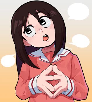 Rule 34 | 1girl, absurdres, artist name, averting eyes, azumanga daioh's school uniform, azumanga daiou, black eyes, blush, brown hair, commentary, delatoid, english commentary, gradient background, head tilt, highres, kasuga ayumu, long sleeves, looking to the side, looking up, medium hair, nose blush, open mouth, own hands together, pink serafuku, round teeth, sailor collar, school uniform, serafuku, signature, solo, speech bubble, steepled fingers, talking, teeth, upper body, upper teeth only, white sailor collar, winter uniform, yellow background