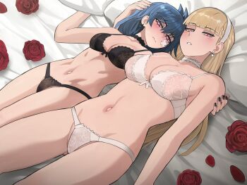 Rule 34 | 2girls, arm at side, black bra, black choker, black panties, blonde hair, blue hair, blunt bangs, blush, bow, bow bra, bow panties, bra, breasts, choker, chop, claire volikova, cleavage, closed mouth, cowboy shot, earrings, flower, hairband, hand on another's head, hand on another's shoulder, head on pillow, highres, jewelry, ji-yoon (jourd4n), jourd4n, lace, lace bra, lace panties, large breasts, lingerie, long hair, looking at viewer, lying, medium breasts, medium hair, multiple girls, navel, on back, on bed, original, panties, parted lips, pillow, pink eyes, red flower, red rose, rose, small sweatdrop, stomach, straight hair, underwear, underwear only, wavy mouth, white bra, white choker, white hairband, white panties