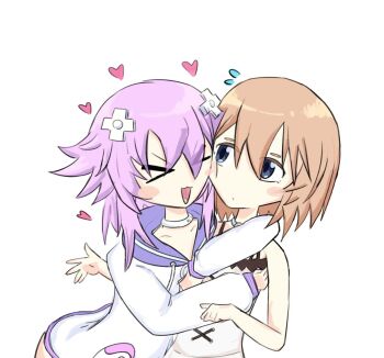 2girls arms_around_neck blanc_(neptunia) blue_eyes blush brown_hair choker d-pad d-pad_hair_ornament dress expressionless hair_between_eyes hair_ornament hug long_sleeves looking_at_another multiple_girls neptune_(neptunia) neptune_(series) open_mouth purple_hair short_hair simple_background sleeveless sleeveless_dress smile white_background white_choker white_dress ymymymymymym0 yuri