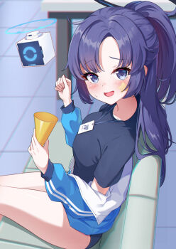 Rule 34 | 1girl, black shirt, blue archive, blue buruma, blue eyes, blue jacket, blush, buruma, couch, drone, gym shirt, gym uniform, halo, highres, id card, jacket, jacket partially removed, long hair, looking at viewer, mechanical halo, official alternate costume, on couch, open mouth, purple eyes, purple hair, shinori (efvbji6264), shirt, short sleeves, sitting, smile, solo, star (symbol), star sticker, sticker, sticker on face, track jacket, yuuka (blue archive), yuuka (track) (blue archive)