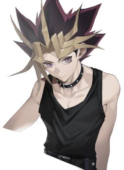 Rule 34 | 1boy, absurdres, belt, black belt, black choker, black hair, black tank top, blonde hair, cbow, choker, collarbone, colored bangs, commentary, cropped arms, cropped torso, highres, male focus, multicolored hair, muto yugi, purple eyes, purple hair, shirt tucked in, short hair, simple background, smile, solo, spiked hair, tank top, white background, yu-gi-oh!