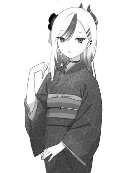 1girl black_choker black_hair black_kimono blue_archive choker commentary cowboy_shot demon_girl demon_horns earclip flower greyscale hair_flower hair_ornament hairclip hand_up highres horns japanese_clothes kayoko_(blue_archive) kayoko_(new_year)_(blue_archive) kimono kisaka long_sleeves looking_at_viewer monochrome multicolored_hair official_alternate_costume official_alternate_hairstyle parallel_hairclips parted_lips simple_background solo two-tone_hair white_background white_hair wide_sleeves yukata