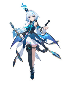 1girl absurdres asymmetrical_legwear bare_shoulders black_thighhighs blue_dress blue_eyes blue_fire blue_hair boots breasts cerydra_(honkai:_star_rail) chess_piece crown detached_sleeves dress fenlinhuoshan fire full_body gradient_hair grey_hair highres holding honkai:_star_rail honkai_(series) leg_ribbon long_hair looking_at_viewer mini_crown multicolored_hair ribbon scepter simple_background single_thighhigh smile solo tachi-e thighhighs white_background wings