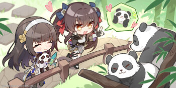 2girls absurdres bad_link black_gloves black_hair chengdu_panda_base daiyan_(girls'_frontline_2) girls'_frontline girls'_frontline_2:_exilium gloves grass hand_fan highres holding holding_fan jiangyu_(girls'_frontline_2) long_hair multiple_girls official_art open_mouth panda twintails type_95_(girls'_frontline) type_97_(girls'_frontline) yellow_eyes