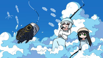2girls =_= above_clouds absurdres black_hair blue_hat blue_sky cloud emesan_desu fishing fishing_rod green_eyes grey_hair hat highres koinobori long_hair long_sleeves multiple_girls open_mouth original scenery shirt sky sleeves_past_fingers sleeves_past_wrists white_shirt windsock
