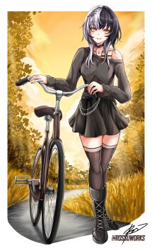 1girl absurdres artist_name bicycle black_boots black_choker black_hair black_skirt black_sweater black_thighhighs boots border choker full_body goth_fashion grey_hair grin hair_intakes highres hololive hololive_english lace-up_boots long_sleeves miniskirt multicolored_hair nature off_shoulder outdoors shiori_novella short_hair_with_long_locks signature skirt sky smile solo split-color_hair standing sweater thighhighs tosaworks white_border yellow_eyes yellow_leaves yellow_sky zettai_ryouiki