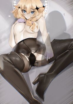 1girl ? absurdres blonde_hair blue_eyes boots braid breasts caught commentary covered_erect_nipples english_commentary halo high_heel_boots high_heels highres kaneko_lumi large_breasts legs pantyhose phase_connect pupi_(rain_prophet) shadow single_braid spread_legs thigh_boots thighs torn_clothes virtual_youtuber