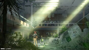 1girl abandoned absurdres ahoge animal_ear_headwear ankle_boots bare_shoulders black_gloves boots brown_cape brown_hat brown_shorts bush cape copyright_name copyright_notice cropped_shirt escalator fake_animal_ears fanghuo_(xinyue_tongxing) glasses gloves hat highres indoors light_rays logo long_hair looking_up official_art official_wallpaper overgrown plant railing red_boots red_hair scenery shirt shorts side_cape sleeveless sleeveless_shirt socks solo standing sunbeam sunlight tree very_long_hair vines white_shirt white_socks wide_shot xinyue_tongxing yellow_eyes