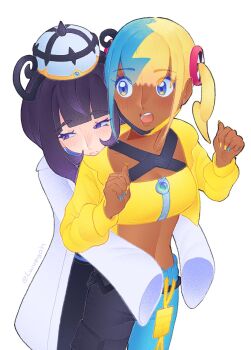 2girls :o aqua_hair black_dress blonde_hair blue_nails blush canari_(pokemon) closed_mouth coat commentary crop_top cropped_jacket dark-skinned_female dark_skin dress goh_(lwvegoh) gwynn_(pokemon) hat highres hug hug_from_behind jacket long_sleeves looking_at_another looking_to_the_side mega_stone midriff multicolored_hair multicolored_nails multiple_girls nintendo open_clothes open_coat open_jacket open_mouth pants pokemon pokemon_legends:_z-a purple_eyes purple_hair short_hair sleeves_past_fingers sleeves_past_wrists split-color_hair symbol-only_commentary teeth twitter_username two-tone_hair two-tone_nails two-tone_pants white_background white_coat yellow_jacket yellow_nails yuri