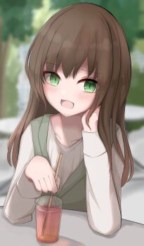 1girl absurdres arm_support blurry blurry_background brown_hair collarbone cup drinking_glass drinking_straw green_eyes green_vest highres holding holding_drinking_straw juice long_hair long_sleeves looking_at_viewer mitarashi_dayo open_mouth original outdoors shirt sitting slit_pupils smile solo upper_body vest white_shirt