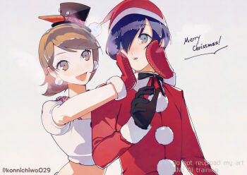 1boy 1girl black_gloves black_hat black_ribbon blue_hair blush brown_eyes brown_hair carrot christmas commentary crop_top earrings flipped_hair fur-trimmed_gloves fur-trimmed_headwear fur-trimmed_sleeves fur_trim gloves grey_background hair_over_one_eye hands_on_another's_cheeks hands_on_another's_face hat jacket jewelry looking_at_another merry_christmas midriff mini_hat neck_ribbon official_alternate_costume open_mouth otoseto persona persona_3 persona_3:_dancing_moon_night persona_dancing pom_pom_(clothes) pom_pom_earrings puffy_short_sleeves puffy_sleeves red_gloves red_hat red_jacket ribbon santa_costume santa_hat shirt short_hair short_sleeves simple_background swept_bangs takeba_yukari twitter_username upper_body white_shirt yuuki_makoto_(persona_3)