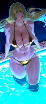 1girl bikini blonde_hair breasts jujutsu_kaisen large_breasts long_hair looking_at_viewer navel poolside red_eyes swimsuit tongue tsukumo_yuki_(jujutsu_kaisen) wet
