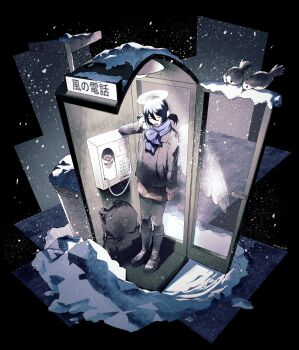 backpack bag bird calling closed_eyes halo highres machipachi1901 original phone_booth ponytail scarf snow snowing