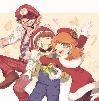 1girl 2boys blue_eyes blue_overalls blush brown_hair brown_shoes christmas earrings facial_hair flower_earrings gift gloves hat heart holding holding_gift holding_sack jewelry kayako_(bimabima) long_hair luigi mario_(series) multiple_boys mustache nintendo one_eye_closed overalls pointy_ears princess_daisy red_hat sack santa_hat shoes super_star_(mario) tongue tongue_out v waluigi white_gloves