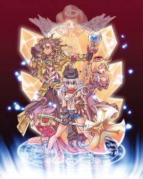 1boy 2000s_(style) 4girls angel axe bad_id bandana belt biretta blacksmith_(ragnarok_online) blonde_hair blue_shorts book braid brown_belt brown_cape brown_eyes brown_gloves brown_hair brown_pants cape closed_mouth coat commentary_request crop_top cross crystal dagger dated dated_commentary deviruchi_hat dress emperium fingerless_gloves full_body fur-trimmed_coat fur_trim gloves green_eyes hair_between_eyes halo hat holding holding_axe holding_book holding_dagger holding_knife holding_staff holding_weapon interlocked_fingers juliet_sleeves knife korean_commentary level_up_angel long_hair long_sleeves looking_afar looking_at_viewer monster_gogo multiple_girls official_art open_mouth pants pointy_ears praying priest_(ragnarok_online) puffy_sleeves purple_dress purple_hair ragnarok_online red_bandana red_coat red_shirt rogue_(ragnarok_online) sage_(ragnarok_online) shirt shoes short_hair shorts sleeveless sleeveless_shirt smile staff striped_cape textless_version tied_shirt traditional_halo twin_braids waist_cape weapon white_hair white_shirt white_wings wings