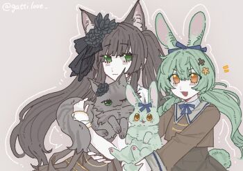 Rule 34 | 2girls, :3, :d, ;3, animal, animal ear fluff, animal ears, animalization, assault lily, black flower, black hair, black ribbon, blue ribbon, blush, brown background, brown dress, brown skirt, cat, cat ears, cat girl, closed mouth, commentary, cropped jacket, dress, flower, frilled shirt collar, frills, gatti love, green eyes, green hair, hair between eyes, hair flower, hair ornament, hair ribbon, hands up, highres, holding, holding animal, holding cat, holding rabbit, kamigoori marimo, kemonomimi mode, long hair, long sleeves, looking at viewer, low twintails, multiple girls, neck ribbon, notice lines, one eye closed, open mouth, orange eyes, person and animalization, rabbit, rabbit ears, rabbit girl, rabbit tail, ribbon, school uniform, shirt, short sleeves, side-by-side, simple background, skirt, smile, standing, suspender skirt, suspenders, suspenders slip, symbol-only commentary, tail, twintails, twitter username, ueda imari, upper body, v-shaped eyebrows, very long hair, white shirt, wrist cuffs, yellow flower
