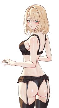Rule 34 | 1girl, 3 small spiders, absurdres, ass, black bra, black garter belt, blonde hair, bra, centaureissi (girls' frontline 2), frilled bra, frilled garter belt, frills, from behind, g36 (girls' frontline), garter belt, girls' frontline, girls' frontline 2: exilium, highres, looking at viewer, looking back, medium hair, solo, underwear, underwear only, white background