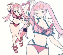 Rule 34 | 1girl, bikini, breasts, cleavage, collarbone, commentary request, do m kaeru, eyewear on head, fire emblem, fire emblem heroes, full body, grin, hilda valentine goneril, hilda valentine goneril (summer), long hair, medium breasts, navel, nintendo, official alternate costume, one eye closed, pink-tinted eyewear, pink bikini, pink eyes, pink hair, pink nails, simple background, smile, solo, stomach, sunglasses, swimsuit, tinted eyewear, toenails, toes, twintails, twitter username, white background