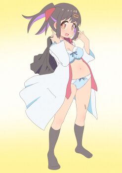 1girl absurdres black_socks blue_bra blue_panties blush bra breasts brown_eyes brown_hair cleavage commentary embarrassed eyebrows_hidden_by_hair from_side full_body highres holding holding_unworn_clothes holding_unworn_skirt lab_coat looking_at_viewer medium_breasts medium_hair onii-chan_wa_oshimai! oyama_mihari panties short_twintails skirt smile socks solo twintails underwear untranslatable_commentary unworn_skirt wanpai_liu