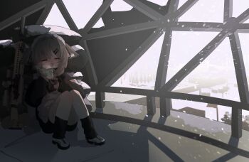 1girl animal_ear_fluff animal_ears apron black_jacket black_shorts black_socks blush brown_hair closed_eyes commentary_request crying cup escape_from_tarkov facing_viewer gun hair_ornament hairclip highres holding holding_cup holding_spoon instant_cup_noodles instant_noodles jacket jersey_maid knees_up long_sleeves mafuyu_(vrchat) maid maid_headdress nacoty open_mouth puffy_long_sleeves puffy_sleeves scope shoes shorts sitting snow snowing socks solo spoon streaming_tears tears track_jacket unconventional_maid vrchat weapon weapon_request white_apron white_shoes