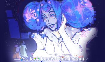 Rule 34 | 3girls, andrea (knights of guinevere), blade runner (series), blade runner 2049, blue eyes, blue hair, colored skin, double bun, dress, fosterova, francesca (knights of guinevere), grey skin, hair bun, hair intakes, highres, knights of guinevere, long hair, looking at viewer, meme, multiple girls, princess, princess dress, princess guinevere, smile, you look lonely (meme)