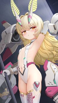 1girl arm_behind_head arm_up armpits blonde_hair breasts brown_eyes center_opening elbow_gloves gloves hair_between_eyes hair_intakes headgear highres holding huoji_(wonderturkey) leotard loli long_hair looking_at_viewer mecha_musume navel parted_lips signature small_breasts solo standing starward thighhighs very_long_hair white_gloves white_leotard white_thighhighs