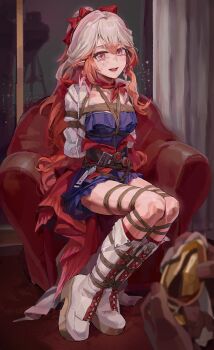 1girl :d a_tea absurdres arknights armchair arms_behind_back bdsm belt blue_dress bondage boots bound bound_arms bound_legs bow breast_bondage breasts brown_belt butt_plug chair chinese_commentary collarbone colored_tips commentary_request cropped_jacket crying crying_with_eyes_open curtains dildo dress earrings fold-over_boots full_body hair_between_eyes hair_bow haruka_(arknights) highres holding holding_sex_toy indoors jacket jewelry lace-up_boots long_hair long_sleeves looking_at_viewer multicolored_hair on_chair open_clothes open_jacket open_mouth orange_hair out_of_frame overskirt pearl_earrings platform_boots pointy_ears ponytail red_eyes red_hair red_overskirt red_ribbon red_scarf reflection ribbon scarf sex_toy shibari shibari_over_clothes short_dress sitting skindentation small_breasts smile solo tears teeth two-tone_hair upper_teeth_only very_long_hair video_camera white_boots white_hair white_jacket