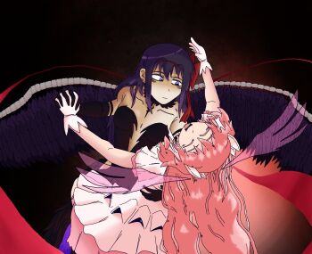 akemi_homura akuma_homura bags_under_eyes black_background black_dress black_hair black_wings breasts closed_eyes closed_mouth collarbone commentary dancing dress english_commentary feathered_wings gloves gradient_background highres kaname_madoka long_hair looking_at_another looking_down mahou_shoujo_madoka_magica mdhmirl medium_breasts open_mouth pink_background pink_hair purple_wings ultimate_madoka white_dress white_gloves wings